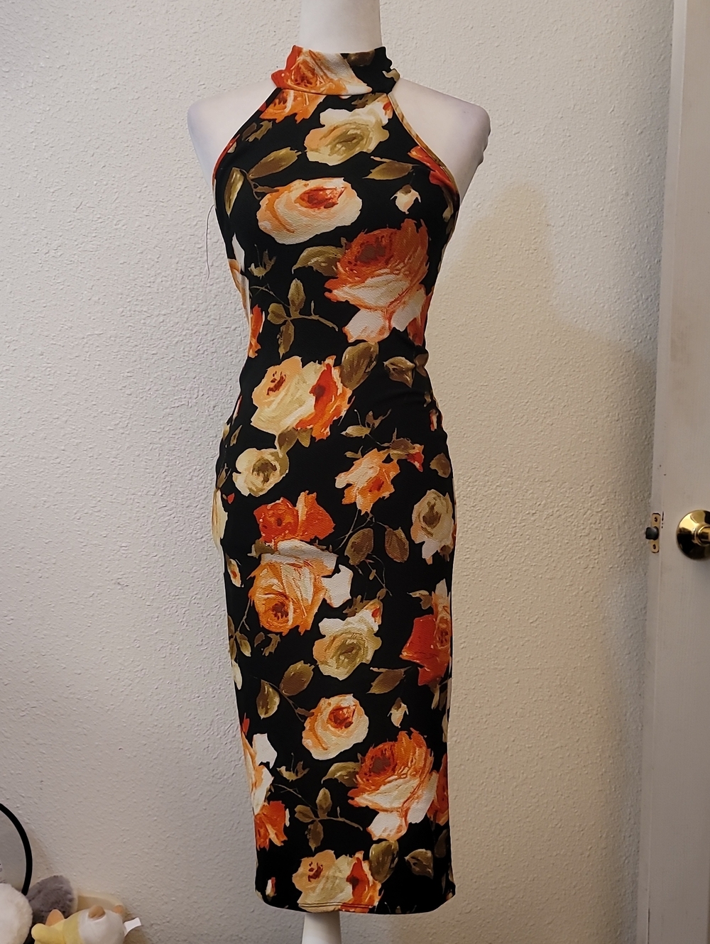 Halter Midi Dress in Black with Orange & Cream Floral Print